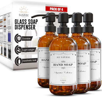 Elevate Your Space with Our 16 OZ Amber Glass Soap Dispenser Set - Includes 2 Stylish Pumps and 6 Waterproof Labels for Ultimate Organization
