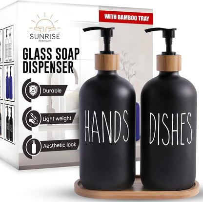 Elevate Your Space with Our 16 OZ Amber Glass Soap Dispenser Set - Includes 2 Stylish Pumps and 6 Waterproof Labels for Ultimate Organization