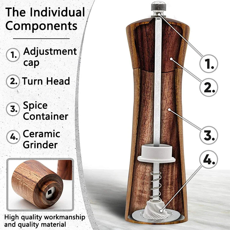 Acacia Wood Salt and Pepper Grinder Set with Adjustable Ceramic Mechanism for Culinary Use