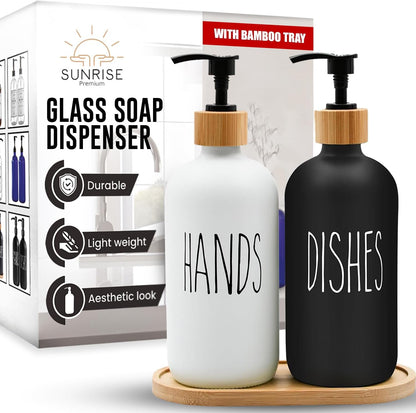 Elevate Your Space with Our 16 OZ Amber Glass Soap Dispenser Set - Includes 2 Stylish Pumps and 6 Waterproof Labels for Ultimate Organization