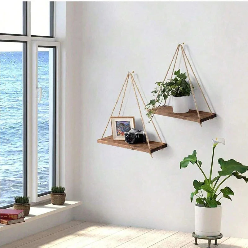 Wooden Floating Wall Shelf with Hemp Rope for Plant and Flower Pot Display - Home Living Room and Garden Decoration