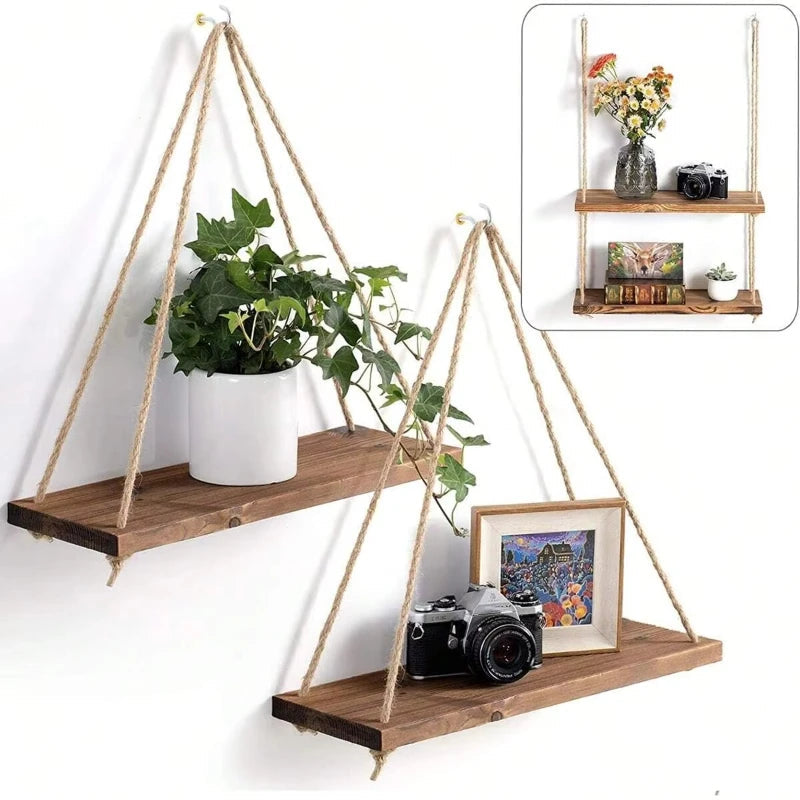 Wooden Floating Wall Shelf with Hemp Rope for Plant and Flower Pot Display - Home Living Room and Garden Decoration