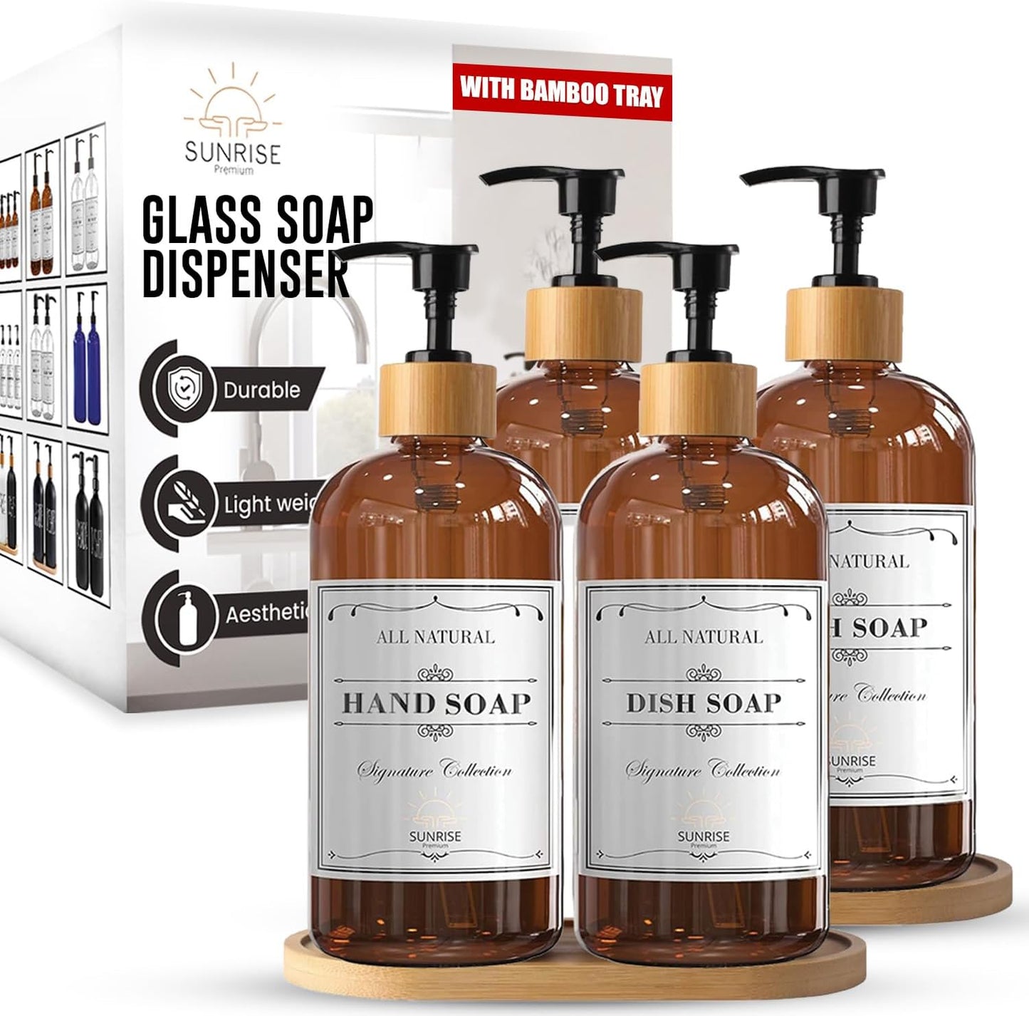 Elevate Your Space with Our 16 OZ Amber Glass Soap Dispenser Set - Includes 2 Stylish Pumps and 6 Waterproof Labels for Ultimate Organization