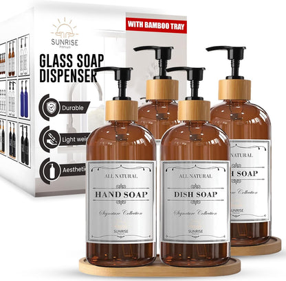 Elevate Your Space with Our 16 OZ Amber Glass Soap Dispenser Set - Includes 2 Stylish Pumps and 6 Waterproof Labels for Ultimate Organization