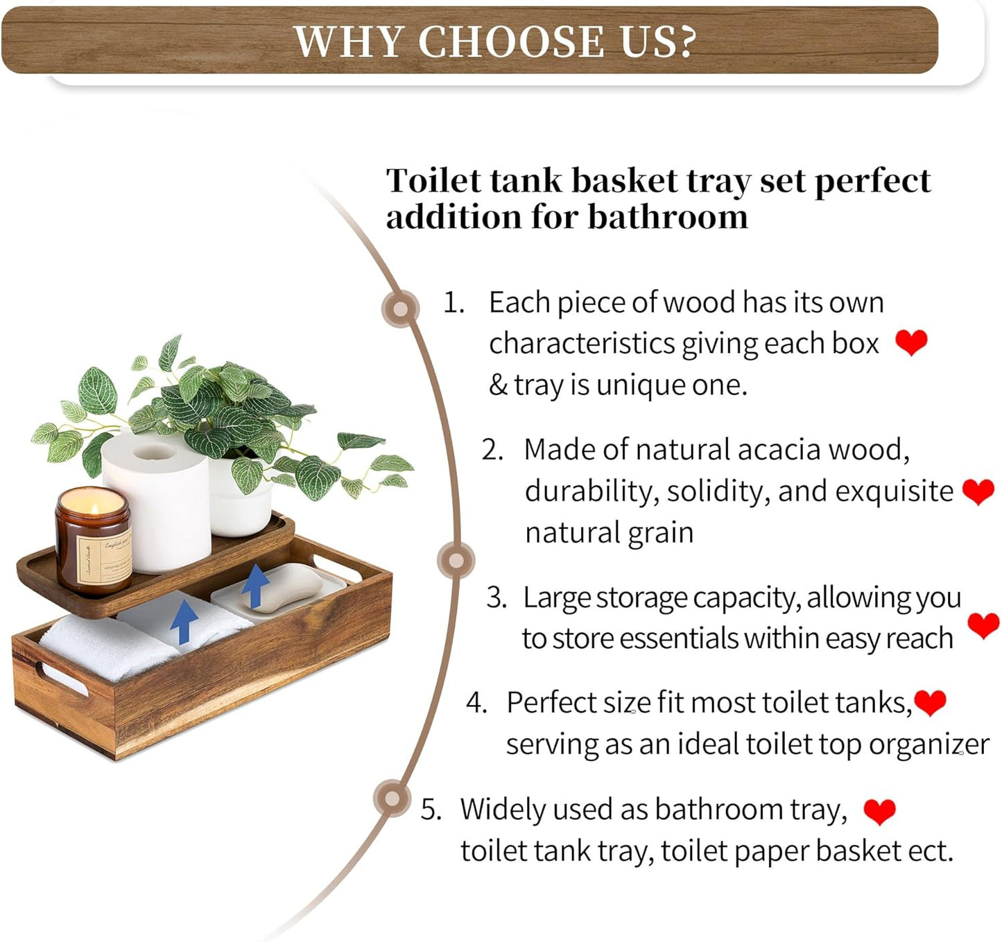 Elegant Acacia Wood Bathroom Toilet Tank Basket Set – 2-Piece Stylish Organizer for Toilet Paper and Vanity Essentials