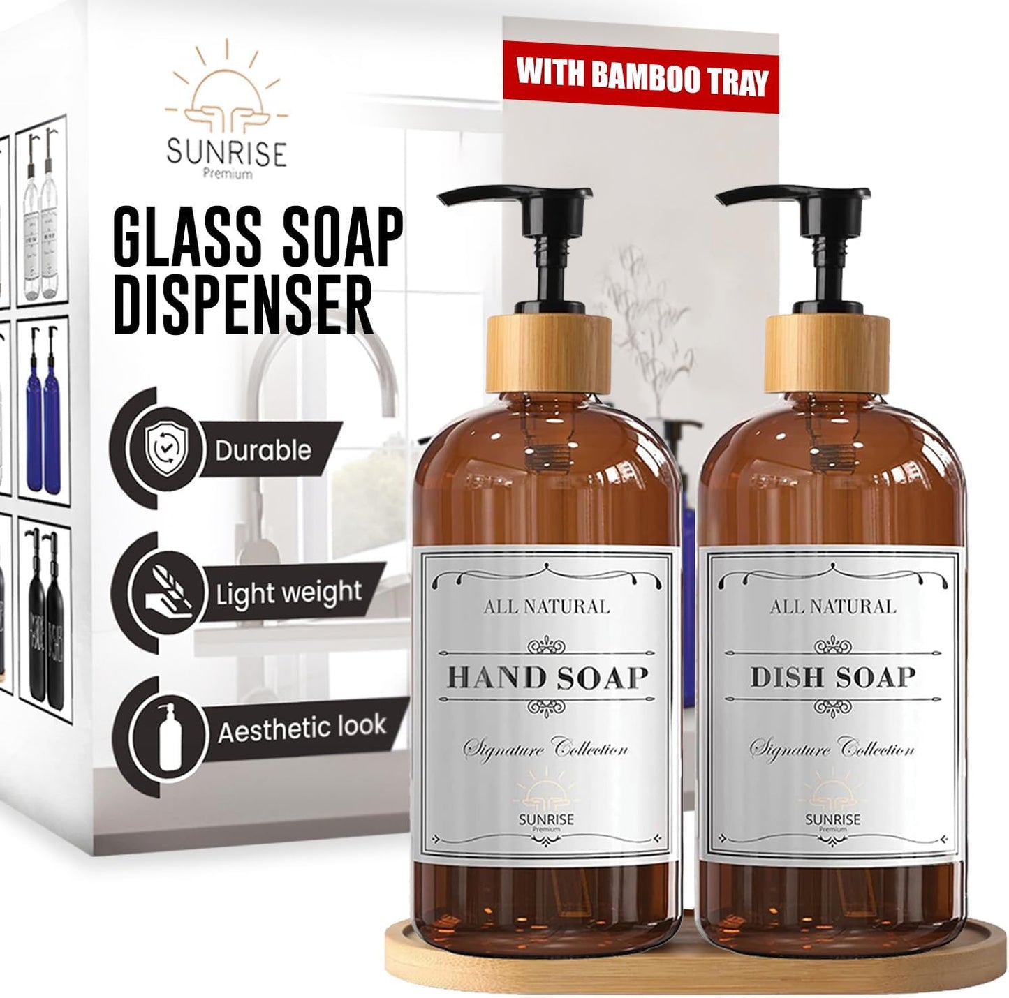 Elevate Your Space with Our 16 OZ Amber Glass Soap Dispenser Set - Includes 2 Stylish Pumps and 6 Waterproof Labels for Ultimate Organization