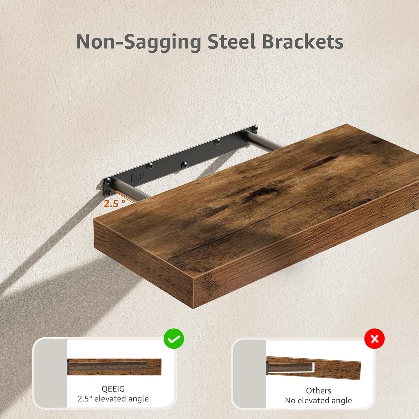 Wall-Mounted Floating Shelves for Bathroom - Set of 2, 16 Inch Rustic Brown Display Shelving for Home Decor over Toilet