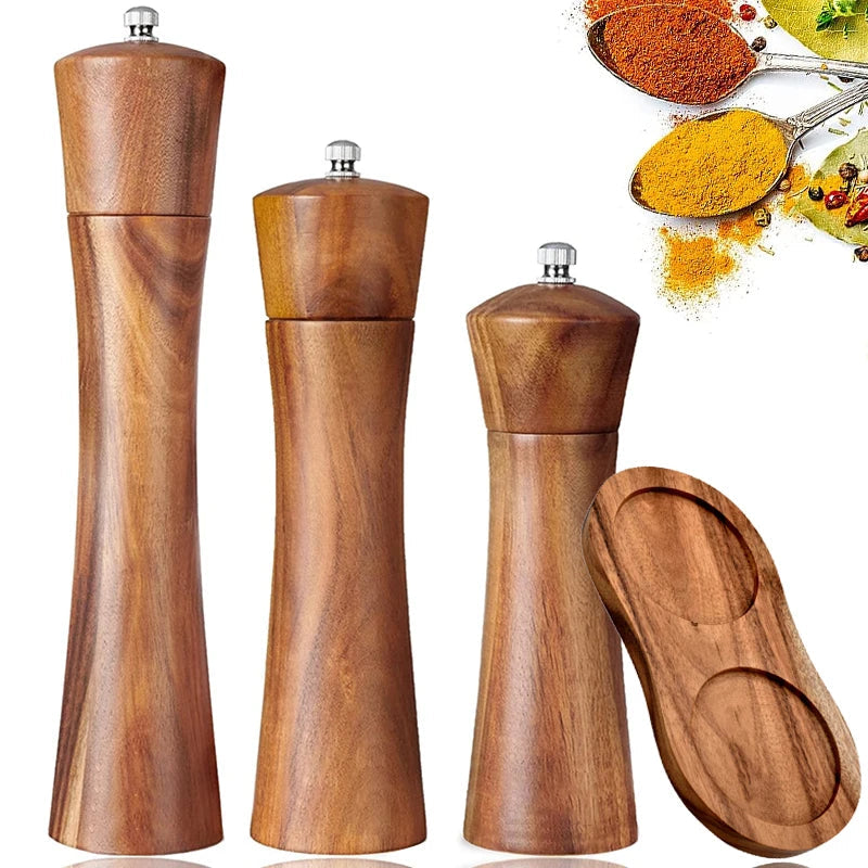 Acacia Wood Salt and Pepper Grinder Set with Adjustable Ceramic Mechanism for Culinary Use