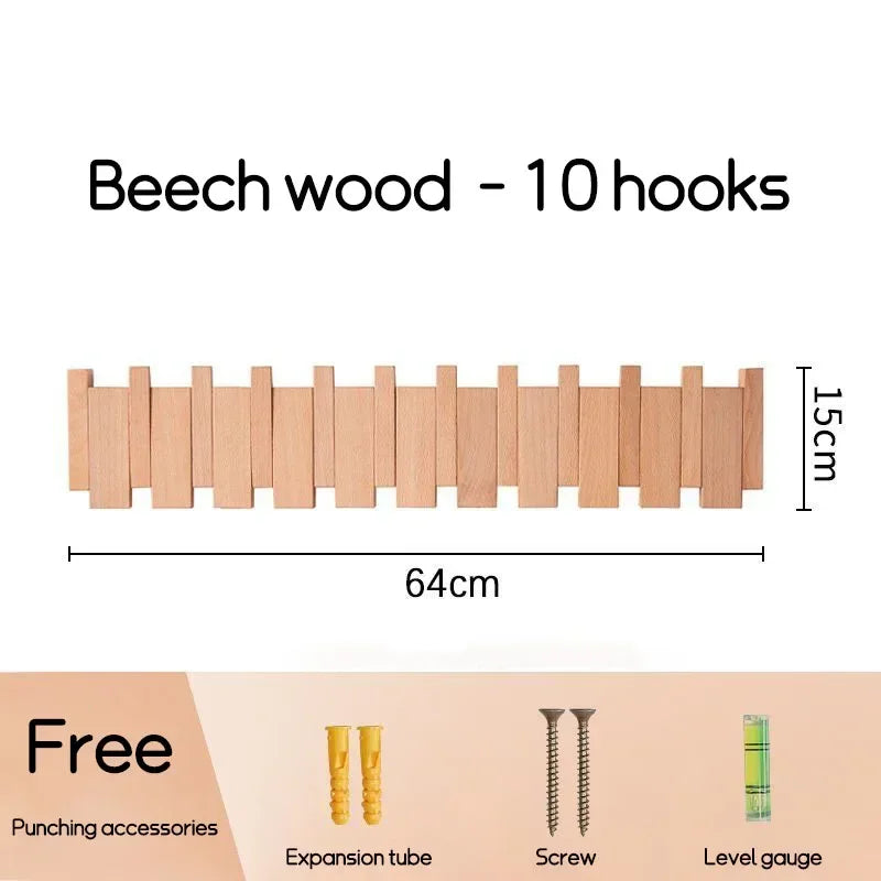 Natural Wood Wall-Mounted Piano Coat Rack with Flip-Down Hooks - Acacia Wood in Walnut Finish - Stylish Entryway Wall Art with 5 Hooks