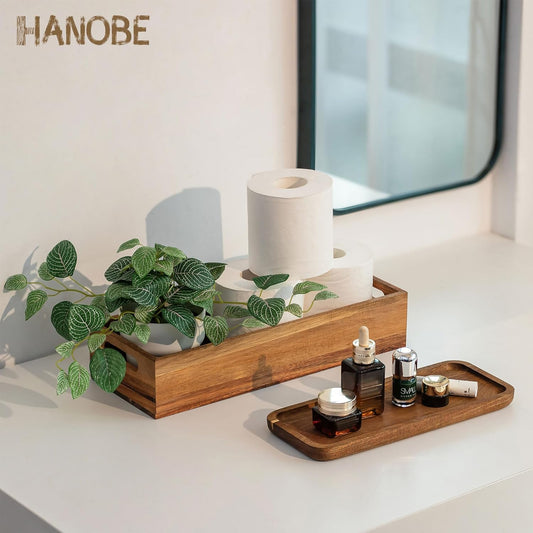 Elegant Acacia Wood Bathroom Toilet Tank Basket Set – 2-Piece Stylish Organizer for Toilet Paper and Vanity Essentials