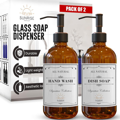 Elevate Your Space with Our 16 OZ Amber Glass Soap Dispenser Set - Includes 2 Stylish Pumps and 6 Waterproof Labels for Ultimate Organization