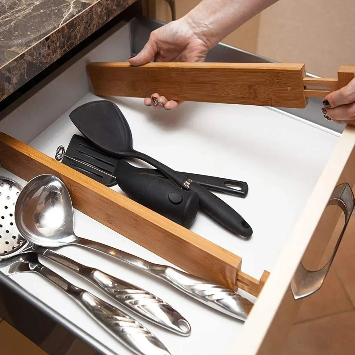 Adjustable Bamboo Kitchen Drawer Dividers (17-22") - Expandable Utensil Organizer for Kitchen Storage, Closet, and Dresser (Set of 4)