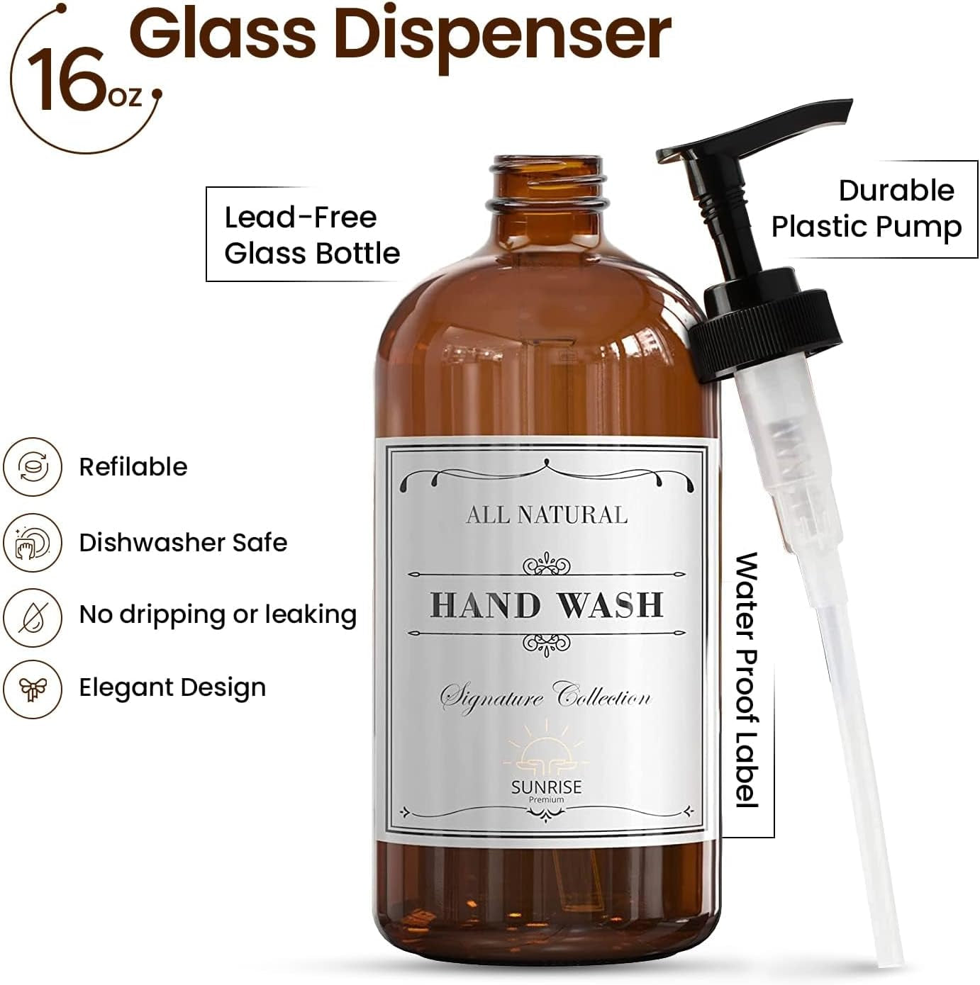 Elevate Your Space with Our 16 OZ Amber Glass Soap Dispenser Set - Includes 2 Stylish Pumps and 6 Waterproof Labels for Ultimate Organization
