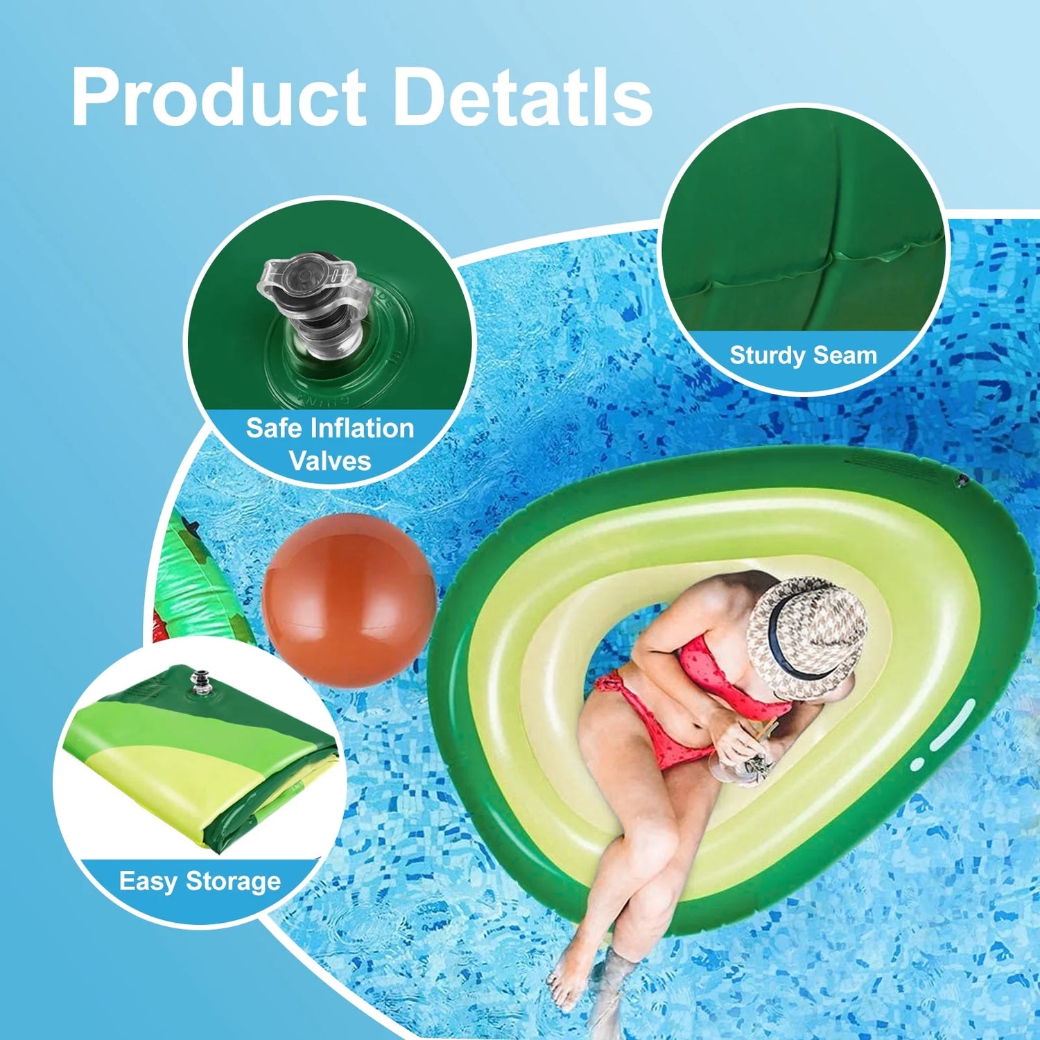 Dive into Summer Fun with the Giant 65-Inch Inflatable Avocado Pool Float - Perfect Beach Raft for Adults, Complete with a Playful Ball and Quick Inflate Valve!