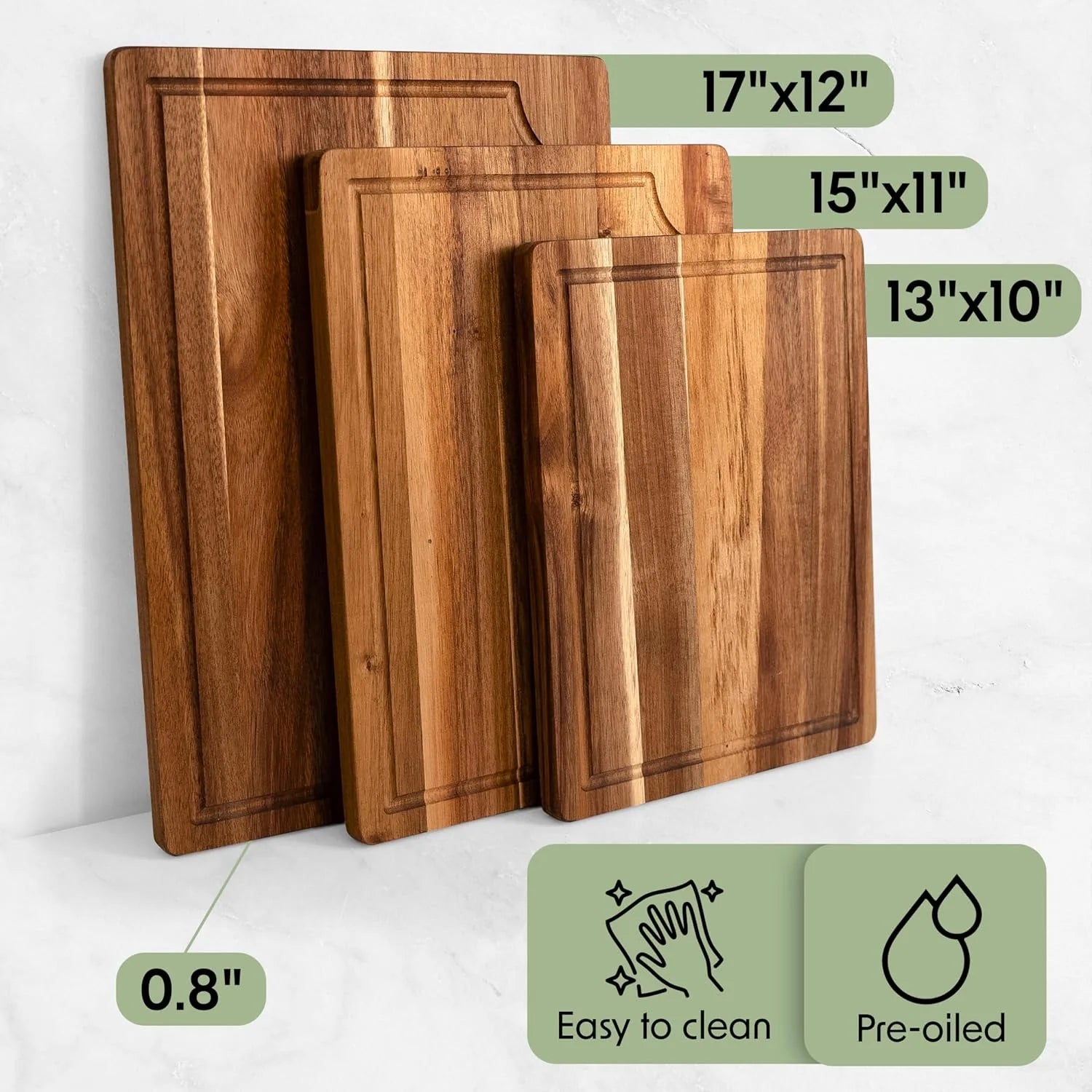 Acacia Wood Cutting Board Set of 3 with Holder | Non-Toxic, Non-Slip Silicone Pads, Juice Grooves & Handles | Perfect for Meat, Vegetables & Charcuterie – Elegant Kitchen Gift